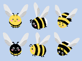 Set of cute cartoon bees and bumblebees. Vector illustration