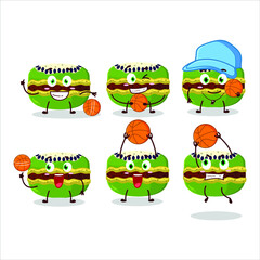 Talented kiwi macaron cartoon character as a basketball athlete. Vector illustration