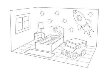 interior of a kid bedroom with decorated walls, a bed with headboard, nightstand and a large toy car. outline illustration, 3d perspective view