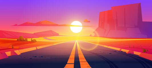 Road in desert sunset scenery landscape with rocks and dry ground. Straight empty highway in Arizona Grand Canyon, asphalted way disappear into the distance with dusk sun. Cartoon vector illustration © klyaksun