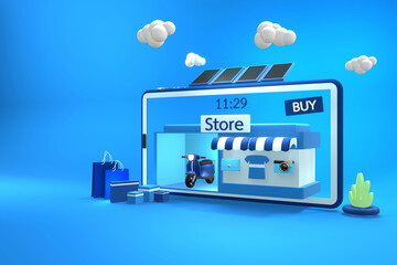 Shopping online and delivery on popular mobile applications around the world with blue phone shop and the blue motorcycle on gradient blue background.3D rendering