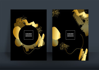 Abstract black and gold luxury background. Modern black cover design set. Luxury creative line pattern in premium colors: black, gold and white. Suit for notebook A4 cover, business poster, brochure