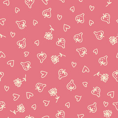 Doodle style strawberries, flowers and hearts romantic seamless pattern.  Perfect for scrapbooking, textile and prints. Hand drawn vector illustration for decor and design.
