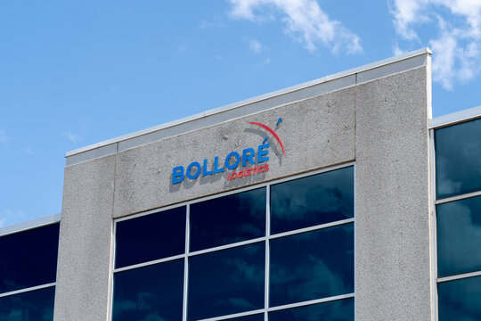 Mississauga, On, Canada - July 1, 2021: Close up of Bollor&eacute; Logistics sign on their  Canada's  head office in Mississauga, On, Canada.  Bollor&eacute; SE is a French transportation company 