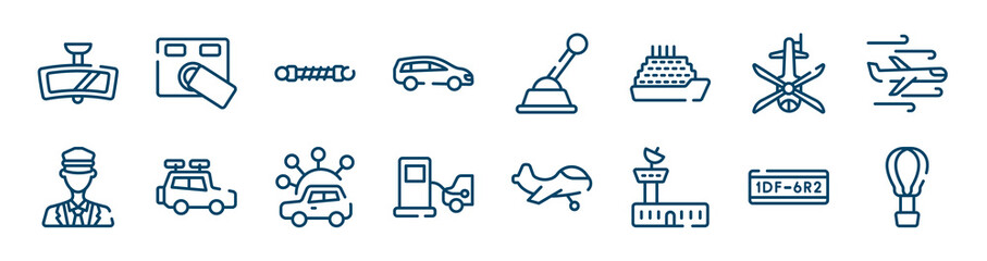 transport icons set such as access control, station wagon, helicopter black shape top view, ticket collector, carsharing, license plate outline vector signs. symbol, logo illustration. linear style
