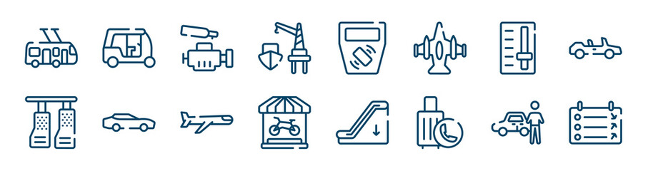 railway icons set such as null, harbor, gearbox, car pedals, airplane, authorized dealer outline vector signs. symbol, logo illustration. linear style icons set. pixel perfect vector graphics.
