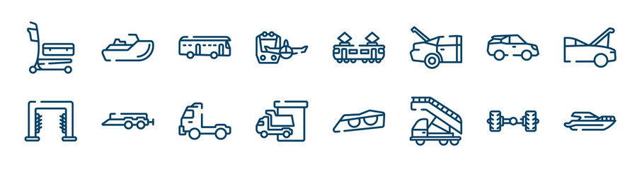 transporters icons set such as sea scooter, miscellaneous, electric car side view, carwash machine, pickup truck side view, axle outline vector signs. symbol, logo illustration. linear style icons - obrazy, fototapety, plakaty