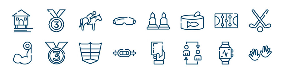 basketball team icons set such as bronze, goggle, ice court, biceps curl, abs, pulsometer outline vector signs. symbol, logo illustration. linear style icons set. pixel perfect vector graphics.