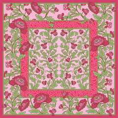 Square floral ornament. Pink intertwining flowers, pink background. Floral pattern for shawls, scarves, bandanas, shawls, kerchiefs, pocket shawls. 