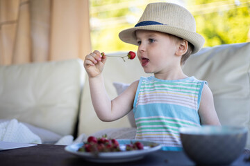 Cute baby boy eating fresh seasonal berries at outdoor summer terrace strawberry and blueberry