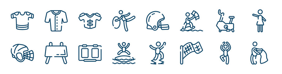 x treme icons set such as baseball jersey, rhythmic gymnastics, stationary bicycle, hockey helmet, score board, yoga pose outline vector signs. symbol, logo illustration. linear style icons set.