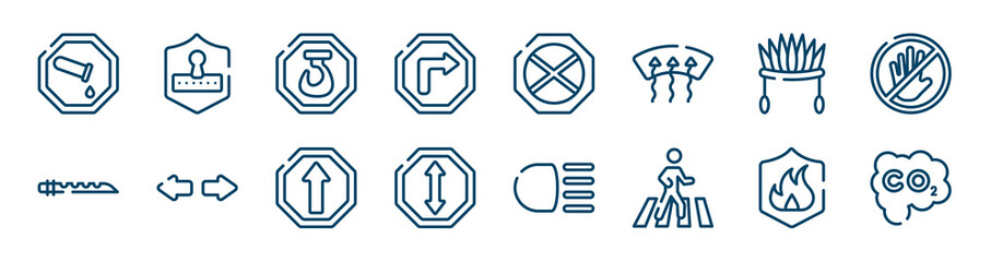 safety icons set such as safety code, right bend, indian headdress, native american flute, ahead only, fire outline vector signs. symbol, logo illustration. linear style icons set. pixel perfect