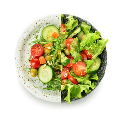 Plate with different healthy salads on white background