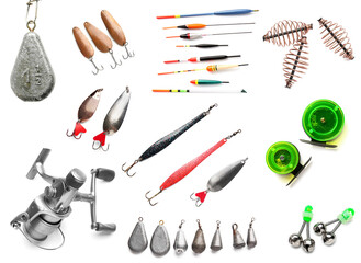 Set of fishing equipment on white background