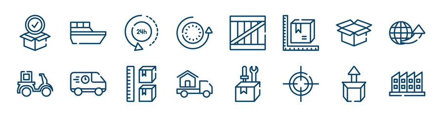 logistics icons set such as sea ship, 24 hours, delivery package opened, delivery courier, storage capacity, cardboard box with arrow outline vector signs. symbol, logo illustration. linear style