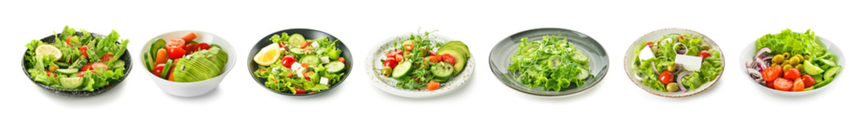 Plates with different healthy salads on white background