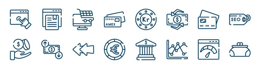 business and finance icons set such as bookmark service, amex, null, dollar coins and hand, two left arrows, velocity test outline vector signs. symbol, logo illustration. linear style icons set.