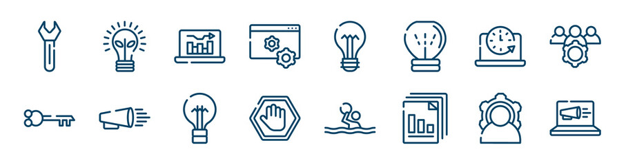 advertising icons set such as ecological lightbulb, web management, circular clock, old key in diagonal, black lightbulb, power outline vector signs. symbol, logo illustration. linear style icons