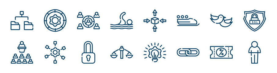 business pack icons set such as function, swim, love bird, seminar, locked padlock, discount voucher outline vector signs. symbol, logo illustration. linear style icons set. pixel perfect vector