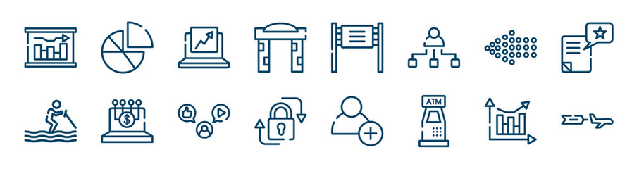 advertisement icons set such as diagrams, welcome gate, left dots arrow, water ski, mass media, analytic chart outline vector signs. symbol, logo illustration. linear style icons set. pixel perfect