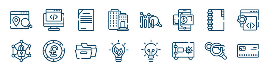 business and finance icons set such as webcode, federal bank, big portfolio, private network, two black folders, keyword search outline vector signs. symbol, logo illustration. linear style icons