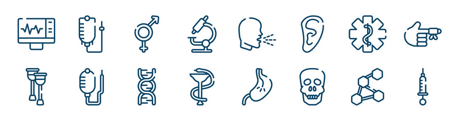 medical icons icons set such as drip bag, microscope tool, star of life, health crutches, dna sequence, three hexagons cell outline vector signs. symbol, logo illustration. linear style icons set.
