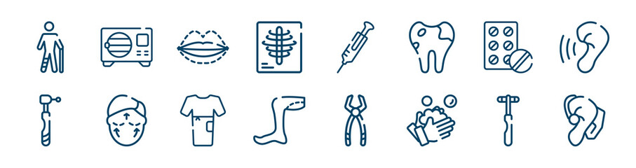 disabled people icons set such as sterilization, x rays, antibiotic, dental drill, patient robe, neurology reflex hammer outline vector signs. symbol, logo illustration. linear style icons set.