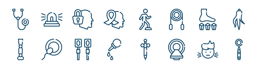 medical icons set such as ambulance lights, hope, mineral therapy, prosthesis, electrotherapy, sick boy outline vector signs. symbol, logo illustration. linear style icons set. pixel perfect vector