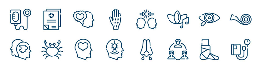 medical services icons set such as medical records, allergic, eye exam, psychologist, mental health, broken leg outline vector signs. symbol, logo illustration. linear style icons set. pixel perfect