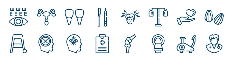 biochemistry and medicine icons set such as reproductive system, instruments, medical care, walker, obsession, stationary bike outline vector signs. symbol, logo illustration. linear style icons