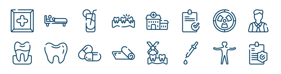 insurance icons set such as man in bed, misaligned, radioactive danger, premolar, large pill, standing human body outline vector signs. symbol, logo illustration. linear style icons set. pixel