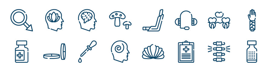 medical services icons set such as peace of mind, fungi, denture, drug container, ear dropper, chiropractic outline vector signs. symbol, logo illustration. linear style icons set. pixel perfect