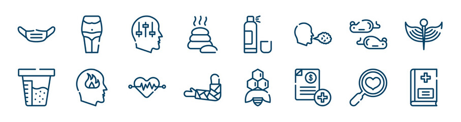 medicaments icons set such as belly, lithotherapie, mice, urine test, cardiology, health check outline vector signs. symbol, logo illustration. linear style icons set. pixel perfect vector graphics.