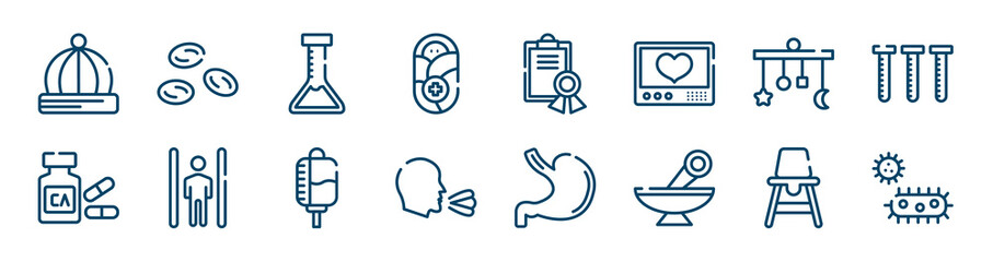 hospital icons set such as blood cells, pediatrics, crib mobile, calcium, drop counter, baby chair outline vector signs. symbol, logo illustration. linear style icons set. pixel perfect vector
