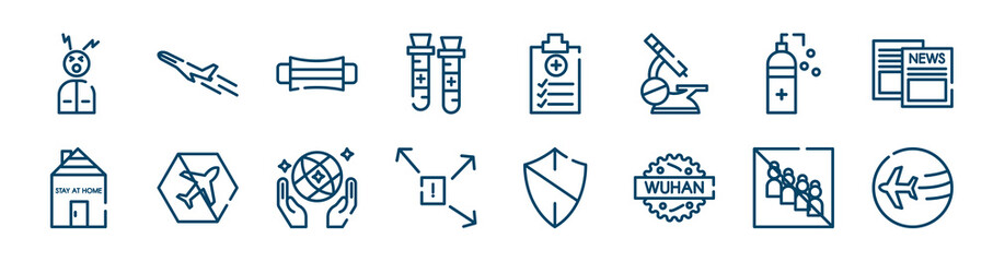 icons set such as plane, blood sample, disinfectant, stayhome, save the world, no group outline vector signs. symbol, logo illustration. linear style icons set. pixel perfect vector graphics.