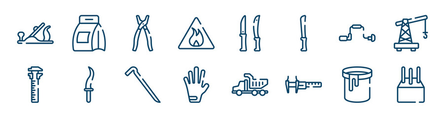construction icons set such as washing powder, inflamable, brace, sliding scale, crowbar, paint can open outline vector signs. symbol, logo illustration. linear style icons set. pixel perfect vector