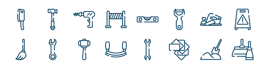 tools and machinery icons set such as hammer facinf left, road panel, planer, mop, big hammer, digging outline vector signs. symbol, logo illustration. linear style icons set. pixel perfect vector