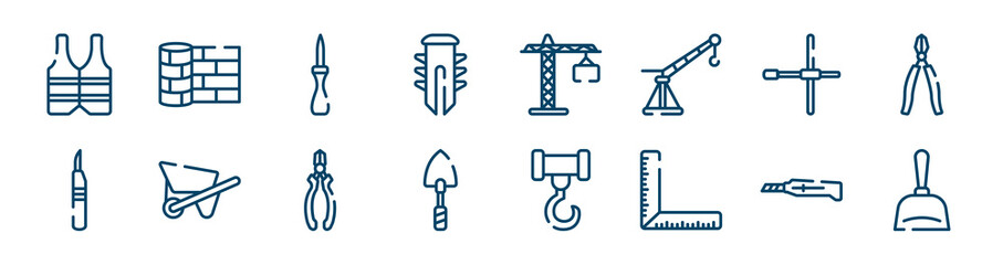 housekeeping icons set such as linoleum, dyupel, wheelbrace, leather cutter, nippers, stationery knife outline vector signs. symbol, logo illustration. linear style icons set. pixel perfect vector