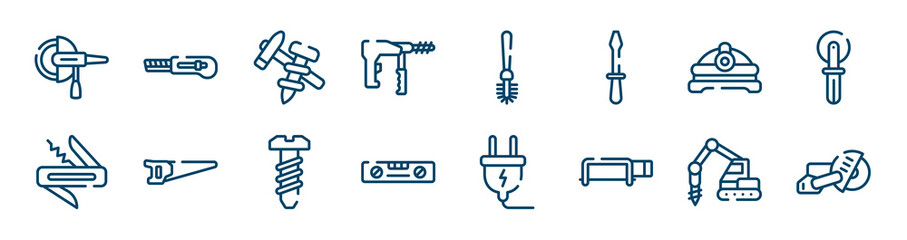 tools and machinery icons set such as null, big driller, torch helmet, jackknife, bolts, trucking outline vector signs. symbol, logo illustration. linear style icons set. pixel perfect vector