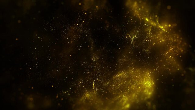 Particle gold dust flickering on black background. Gold Particles Moving Background. Gold Dust Waves. Particle from below. 4k abstract Footage background for text.	