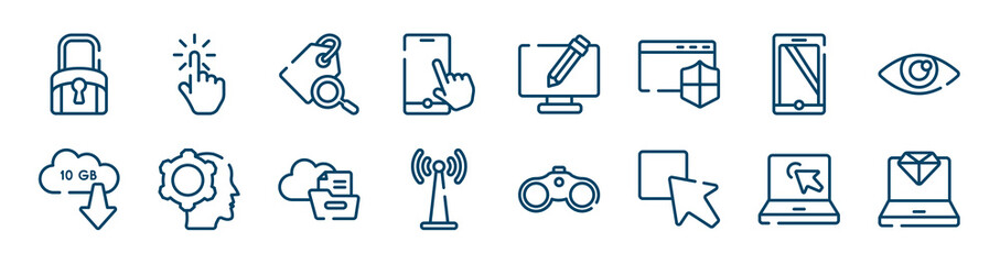 computer and media icons set such as hand cursor, touch screen smartphone, monitor tablet and smartohone, null, files folder on cloud, laptop with arrows outline vector signs. symbol, logo