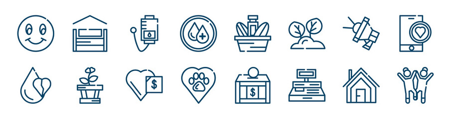 charity icons set such as shelter beds, clean water, loudspeaker, heart drop, donate, shelter outline vector signs. symbol, logo illustration. linear style icons set. pixel perfect vector graphics.