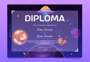 Kids diploma with ufo saucer and planets in space. Cartoon certificate, graduation frame for school or kindergarten with futuristic galaxy world. Achievement award frame with cosmos, vector template