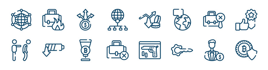 bitcoins cryptocurrency icons set such as burning, distribute, not search, fi, passion, investors outline vector signs. symbol, logo illustration. linear style icons set. pixel perfect vector