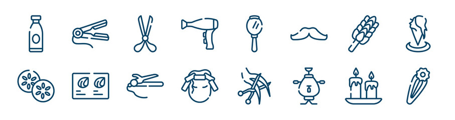 sauna icons set such as hair straightener, hairdryer side view, whisk, cucumber, hair straighter and hair curler, wax outline vector signs. symbol, logo illustration. linear style icons set. pixel