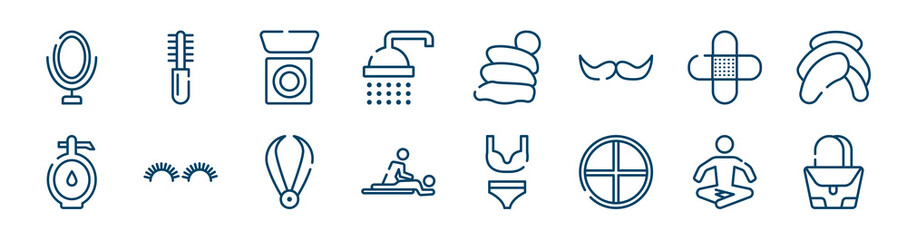 beauty icons set such as combs, bathing, band aid, doser, pluck, relaxation outline vector signs. symbol, logo illustration. linear style icons set. pixel perfect vector graphics.
