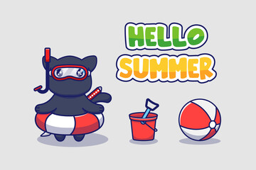 Cute ninja cat with hello summer greeting banner © Arunika
