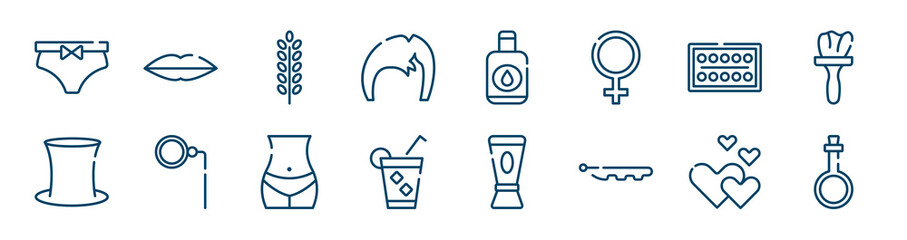 beauty icons set such as seductive, man hair, paints, tall hat, bellybutton, romantic outline vector signs. symbol, logo illustration. linear style icons set. pixel perfect vector graphics.