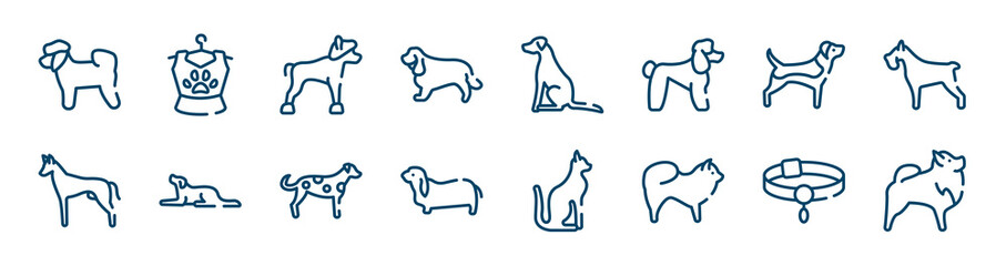 dog breeds fullbody icons set such as pet clothing, english cocker spaniel, beagle, pharaoh hound, dalmatian, pet collar outline vector signs. symbol, logo illustration. linear style icons set.