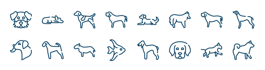 dog breeds fullbody icons set such as sad dog, english mastiff, mastiff, dog licking, bullterrier, bulterrier outline vector signs. symbol, logo illustration. linear style icons set. pixel perfect